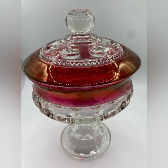Tiffin-Franciscan Kings Crown Thumbprint Ruby Flashed Lidded Compote Candy Dish - Picture 3 of 13